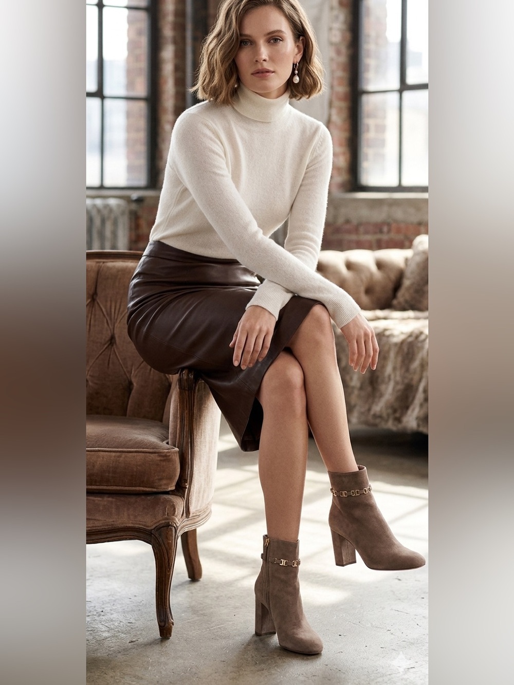 Salvatore Ferragamo Taupe Suede Ankle Boots With Golden Logo Chain.